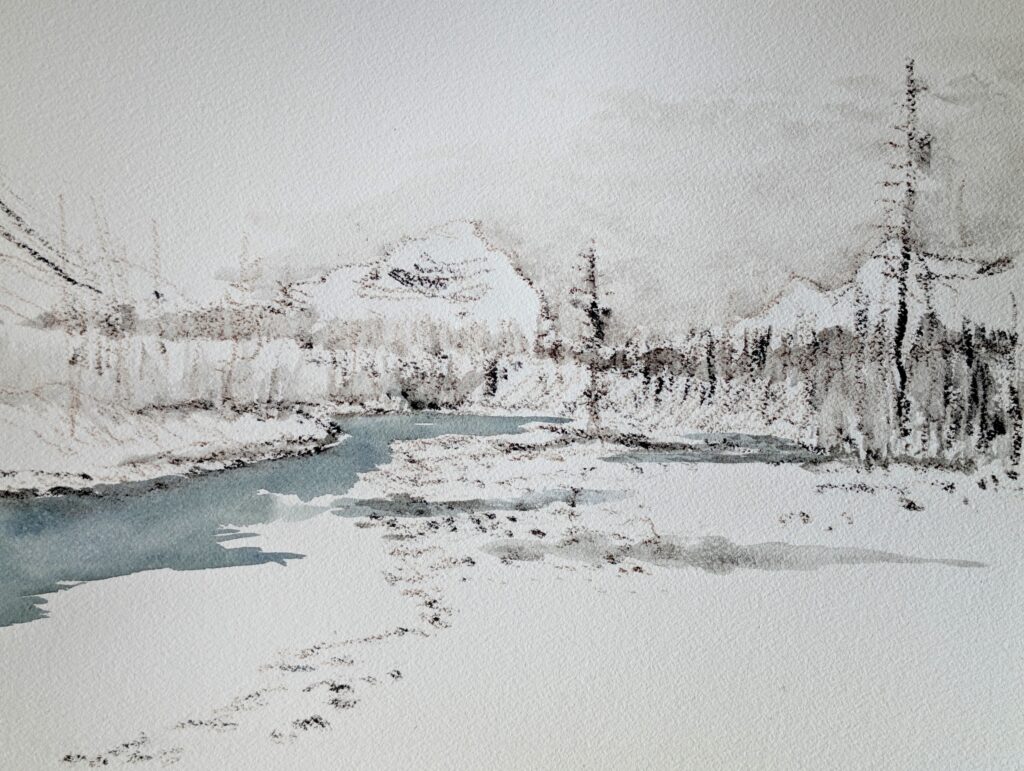 Mt. Kerkeslin  and the  Athabasca River Nov. 2024 in situ charcoal and watercolour on paper