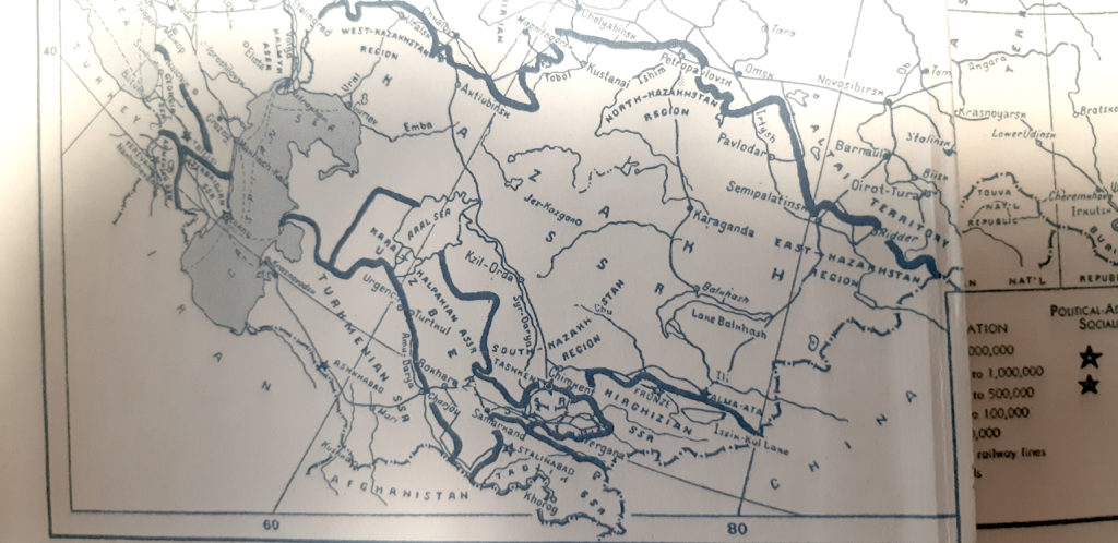 political map of the Soviet Socialist republics Jan 1, 1939. (Nicholas Mikhailov, translated from the Russian Nathalie Rothstein, Land of the Soviets, Lee Forman, Inc, 1939). Courtesy K. Baker
