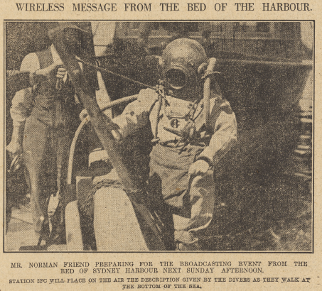 Mr Norman Friend preparing for underwater broadcast, Sydney 1925