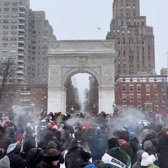 snowball fight in Washington Square Park NYC 2022