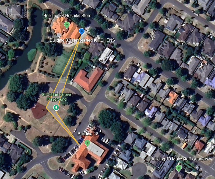 remnants and original layout of the old Ballarat Asylum marked on an satellite photographic map of current-day Ballarat
