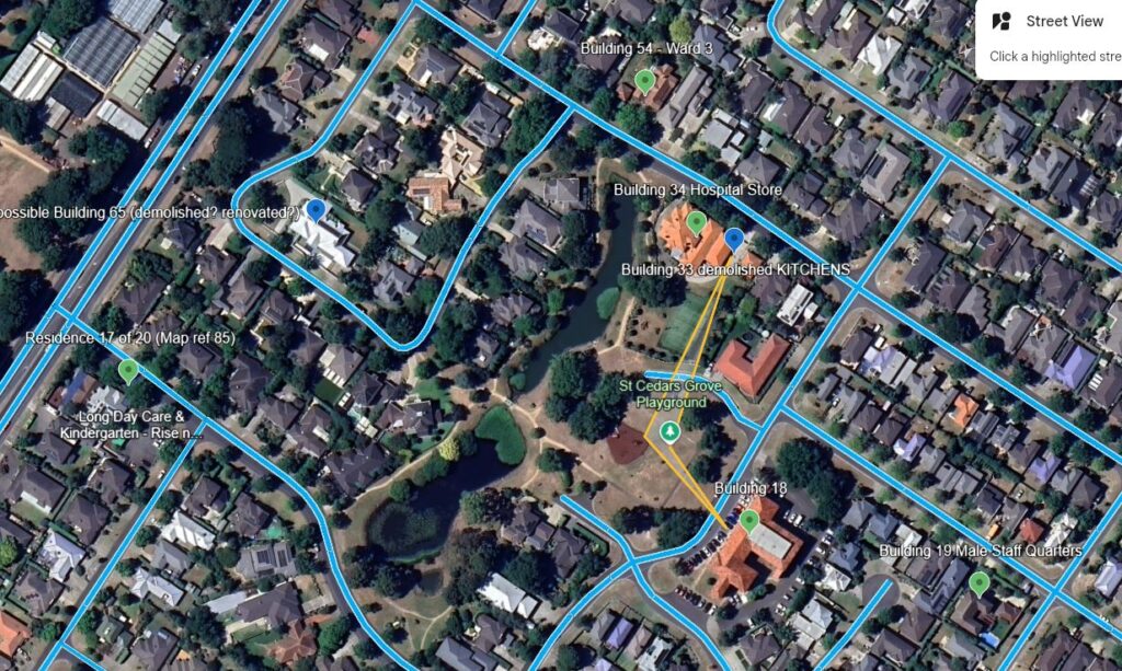 remnants and original layout of the old Ballarat Asylum marked on an satellite photographic map of current-day Ballarat